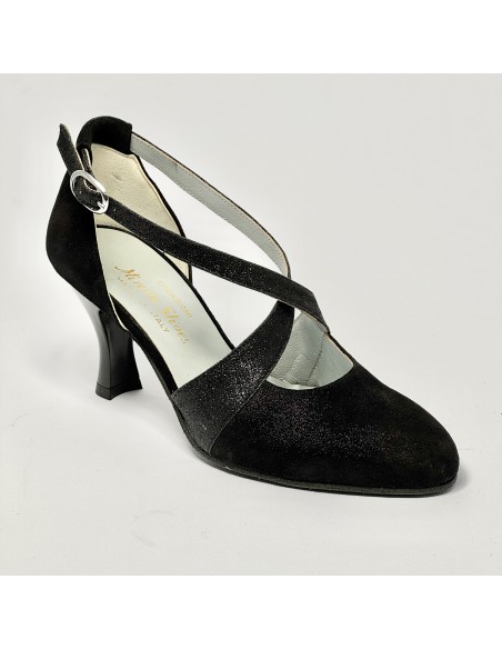 Scarpa da ballo donna ballo da sala liscio satinato polvere nero glitter nero suola bufalo tacco 70 rocchetto