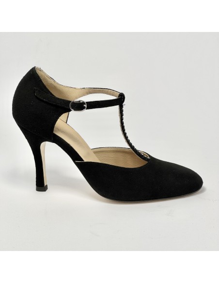 Scarpa da ballo donna ballo da sala liscio tango argentino camoscio nero strass suola cuoio tacco 90
