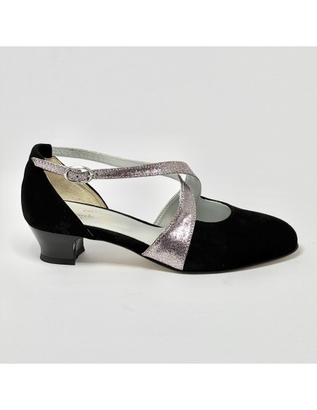 Scarpa da ballo donna ballo da sala liscio camoscio nero glitter arcobaleno suola cuoio pomiciato tacco 30