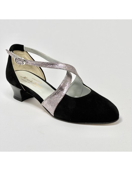 Scarpa da ballo donna ballo da sala liscio camoscio nero glitter arcobaleno suola cuoio pomiciato tacco 30