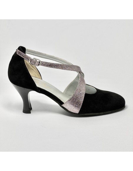 Scarpa da ballo donna ballo da sala liscio camoscio nero glitter arcobaleno suola bufalo tacco 70 rocchetto