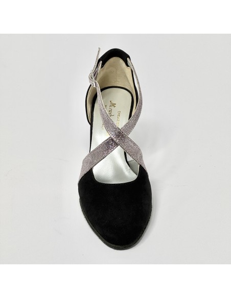 Scarpa da ballo donna ballo da sala liscio camoscio nero glitter arcobaleno suola bufalo tacco 70 rocchetto