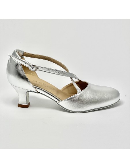 Scarpa da ballo donna ballo da sala liscio standard pelle argento suola bufalo tacco 50 rocchetto