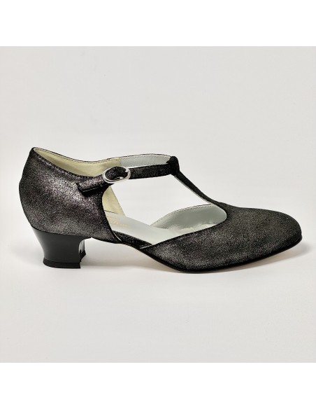 Scarpa da ballo donna ballo da sala liscio standard nabuk polvere argento suola cuoio pomiciato tacco 30 largo