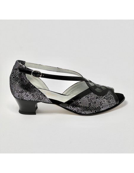 Scarpa da ballo donna latino americano ballo da sala liscio nabuk stampato nero argento vernice nero suola cuoio tacco 30