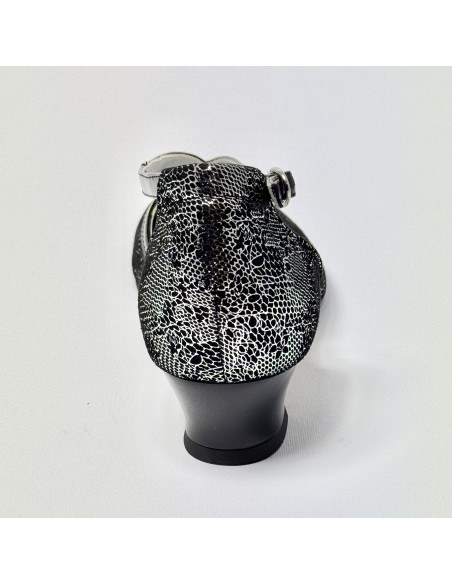 Scarpa da ballo donna latino americano ballo da sala liscio nabuk stampato nero argento vernice nero suola cuoio tacco 30