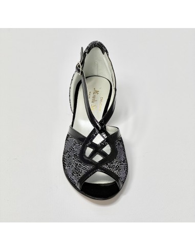 Scarpa da ballo donna latino americano ballo da sala liscio nabuk stampato nero argento vernice nero suola cuoio tacco 30