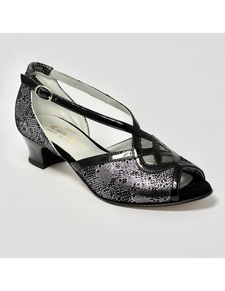 Scarpa da ballo donna latino americano ballo da sala liscio nabuk stampato nero argento vernice nero suola cuoio tacco 30