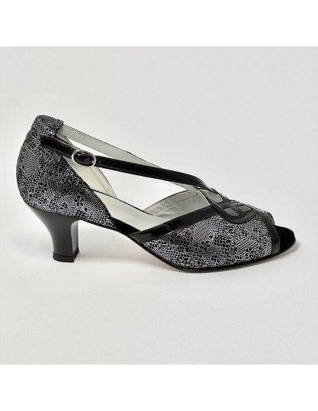Scarpa da ballo donna latino americano liscio da sala nabuk nero argento vernice nero suola cuoio pomiciato tacco 50
