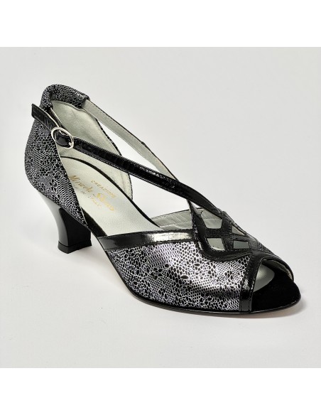 Scarpa da ballo donna latino americano liscio da sala nabuk nero argento vernice nero suola cuoio pomiciato tacco 50