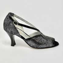 Scarpa da ballo donna latino ballo da sala nabuk stampato nero argento vernice nera suola cuoio pomiciato tacco 70 rocchetto