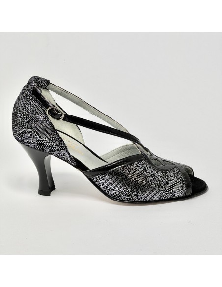 Scarpa da ballo donna latino ballo da sala nabuk stampato nero argento vernice nera suola cuoio pomiciato tacco 70 rocchetto