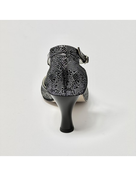 Scarpa da ballo donna latino ballo da sala nabuk stampato nero argento vernice nera suola cuoio pomiciato tacco 70 rocchetto