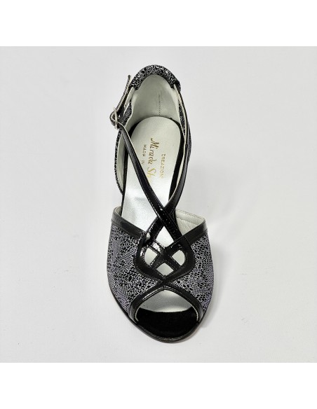 Scarpa da ballo donna latino ballo da sala nabuk stampato nero argento vernice nera suola cuoio pomiciato tacco 70 rocchetto