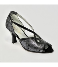 Scarpa da ballo donna latino ballo da sala nabuk stampato nero argento vernice nera suola cuoio pomiciato tacco 70 rocchetto