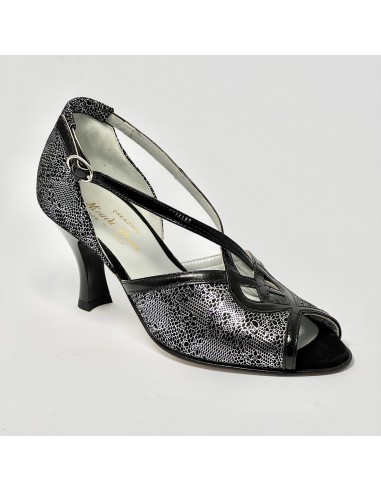 Scarpa da ballo donna latino ballo da sala nabuk stampato nero argento vernice nera suola cuoio pomiciato tacco 70 rocchetto