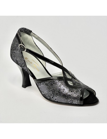 Scarpa da ballo donna latino ballo da sala nabuk stampato nero argento vernice nera suola cuoio pomiciato tacco 70 rocchetto
