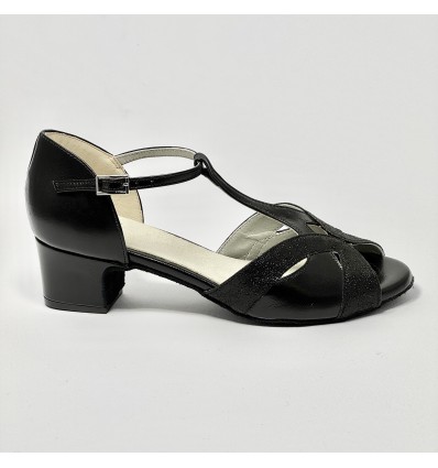 Scarpa da ballo donna latino americano ballo da sala liscio pelle glitter nero suola bufalo tacco 40 largo