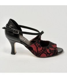 Scarpa da ballo donna latino americano ballo da sala liscio pizzo rosso nero pelle nera suola cuoio pomiciato tacco 70 rocchetto