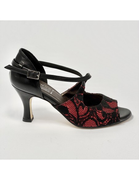 Scarpa da ballo donna latino americano ballo da sala liscio pizzo rosso nero pelle nera suola cuoio pomiciato tacco 70 rocchetto