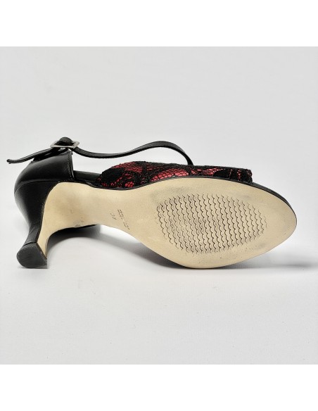Scarpa da ballo donna latino americano ballo da sala liscio pizzo rosso nero pelle nera suola cuoio pomiciato tacco 70 rocchetto