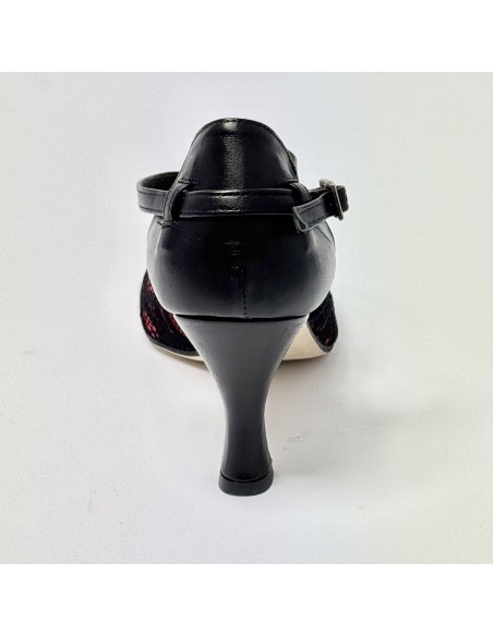 Scarpa da ballo donna latino americano ballo da sala liscio pizzo rosso nero pelle nera suola cuoio pomiciato tacco 70 rocchetto