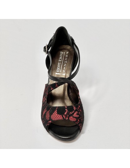 Scarpa da ballo donna latino americano ballo da sala liscio pizzo rosso nero pelle nera suola cuoio pomiciato tacco 70 rocchetto