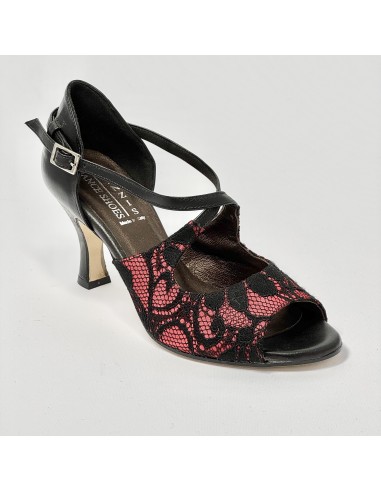 Scarpa da ballo donna latino americano ballo da sala liscio pizzo rosso nero pelle nera suola cuoio pomiciato tacco 70 rocchetto