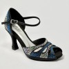 Scarpe da ballo donna latino americano ballo da sala liscio raso nero strass boreali e blu suola in bufalo tacco 80 rocchetto