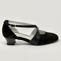 Scarpa da ballo donna ballo da sala liscio standard punta chiusa nabuk polvere e glitter nero suola bufalo tacco 30 largo