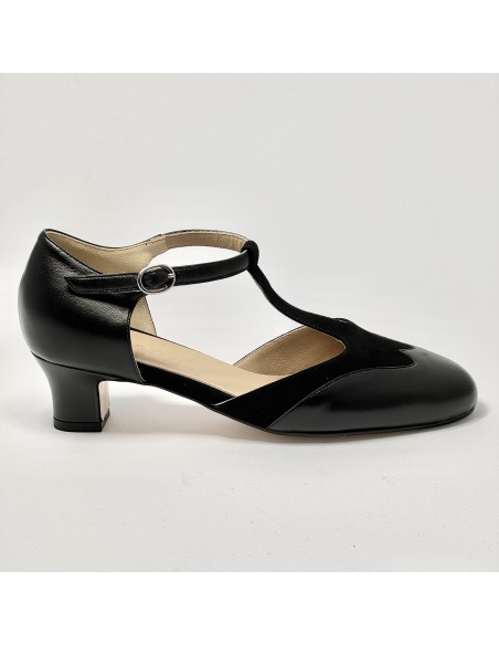 Scarpa da ballo donna liscio da sala standard punta chiusa pelle e camoscio nero suola cuoio pomiciato tacco 40 largo