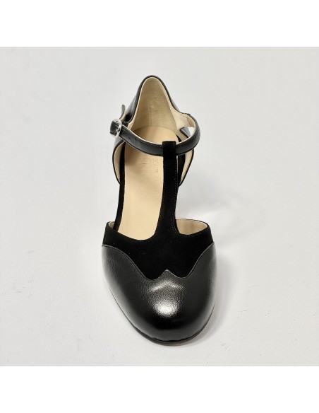 Scarpa da ballo donna liscio da sala standard punta chiusa pelle e camoscio nero suola cuoio pomiciato tacco 40 largo