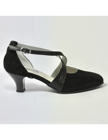 Scarpa da ballo donna ballo da sala liscio standard punta chiusa nabuk polvere glitter nero suola bufalo tacco 50