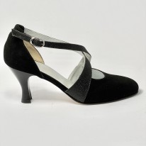 Scarpa da ballo donna liscio da sala standard punta chiusa camoscio glitter nero suola cuoio pomiciato tacco 70 rocchetto