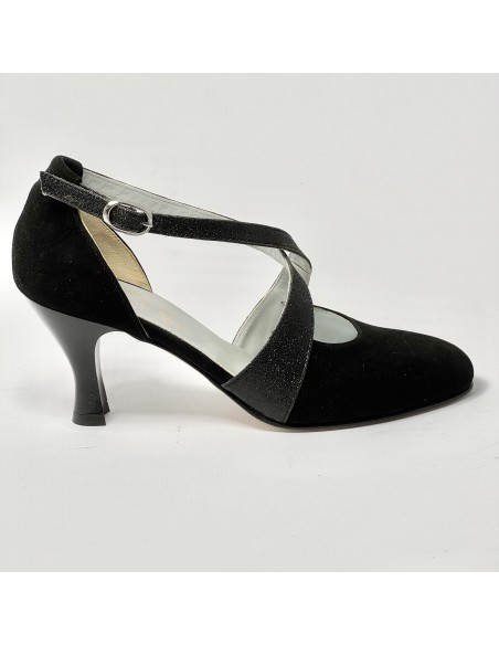 Scarpa da ballo donna liscio da sala standard punta chiusa camoscio glitter nero suola cuoio pomiciato tacco 70 rocchetto