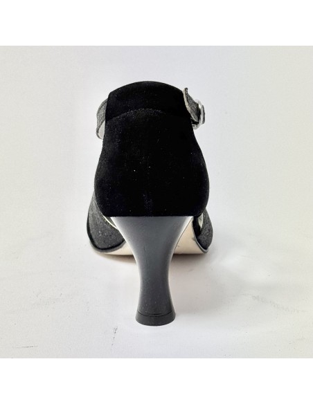 Scarpa da ballo donna liscio da sala standard punta chiusa camoscio glitter nero suola cuoio pomiciato tacco 70 rocchetto