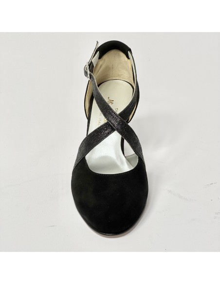 Scarpa da ballo donna liscio da sala standard punta chiusa camoscio glitter nero suola cuoio pomiciato tacco 70 rocchetto