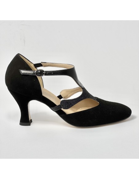 Scarpa da ballo donna liscio da sala standard punta chiusa camoscio glitter pelle nero suola in cuoio tacco 70 rocchetto
