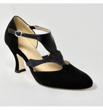Scarpa da ballo liscio donna camoscio pelle glitter nero suola