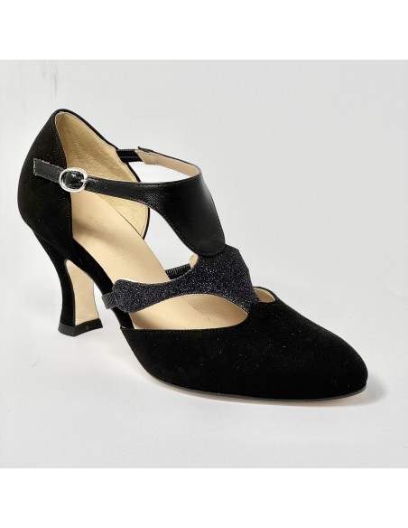Scarpa da ballo donna liscio da sala standard punta chiusa camoscio glitter pelle nero suola in cuoio tacco 70 rocchetto