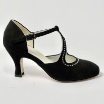 Scarpa da ballo donna liscio da sala standard punta chiusa camoscio nero e strass suola cuoio pomiciato tacco 70 rocchetto