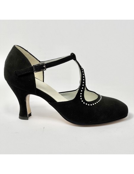 Scarpa da ballo donna liscio da sala standard punta chiusa camoscio nero e strass suola cuoio pomiciato tacco 70 rocchetto