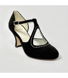 Scarpa da ballo donna liscio da sala standard punta chiusa camoscio nero e strass suola cuoio pomiciato tacco 70 rocchetto