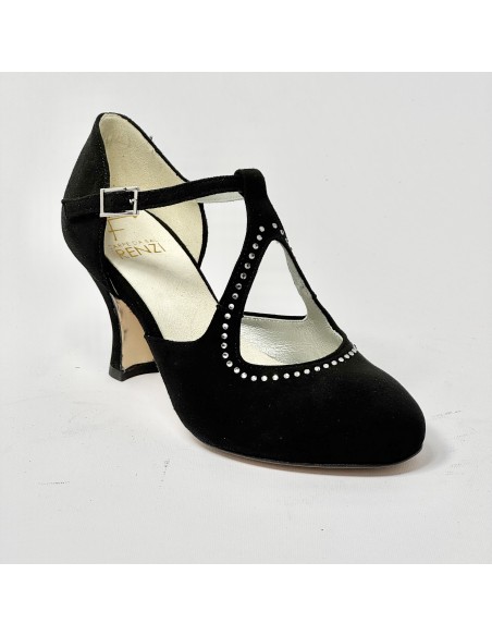 Scarpa da ballo donna liscio da sala standard punta chiusa camoscio nero e strass suola cuoio pomiciato tacco 70 rocchetto