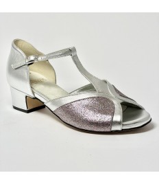Scarpa da ballo donna latino americano liscio da sala pelle argento glitter arcobaleno suola cuoio tacco 30 largo