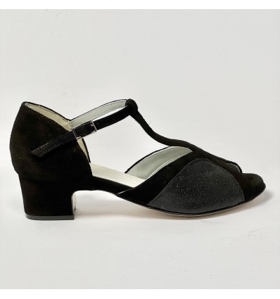 Scarpa da ballo donna latino americano liscio da sala camoscio glitter nero suola cuoio tacco 30 rocchetto