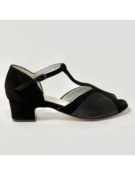 Scarpa da ballo donna latino americano liscio da sala camoscio glitter nero suola cuoio tacco 40 rocchetto
