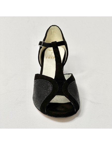 Scarpa da ballo donna latino americano liscio da sala camoscio glitter nero suola cuoio tacco 40 rocchetto