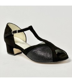 Scarpa da ballo donna latino americano liscio da sala camoscio glitter nero suola cuoio tacco 40 largo