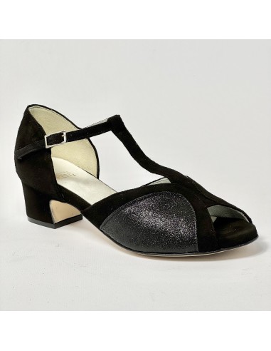 Scarpa da ballo donna latino americano liscio da sala camoscio glitter nero suola cuoio tacco 40 rocchetto